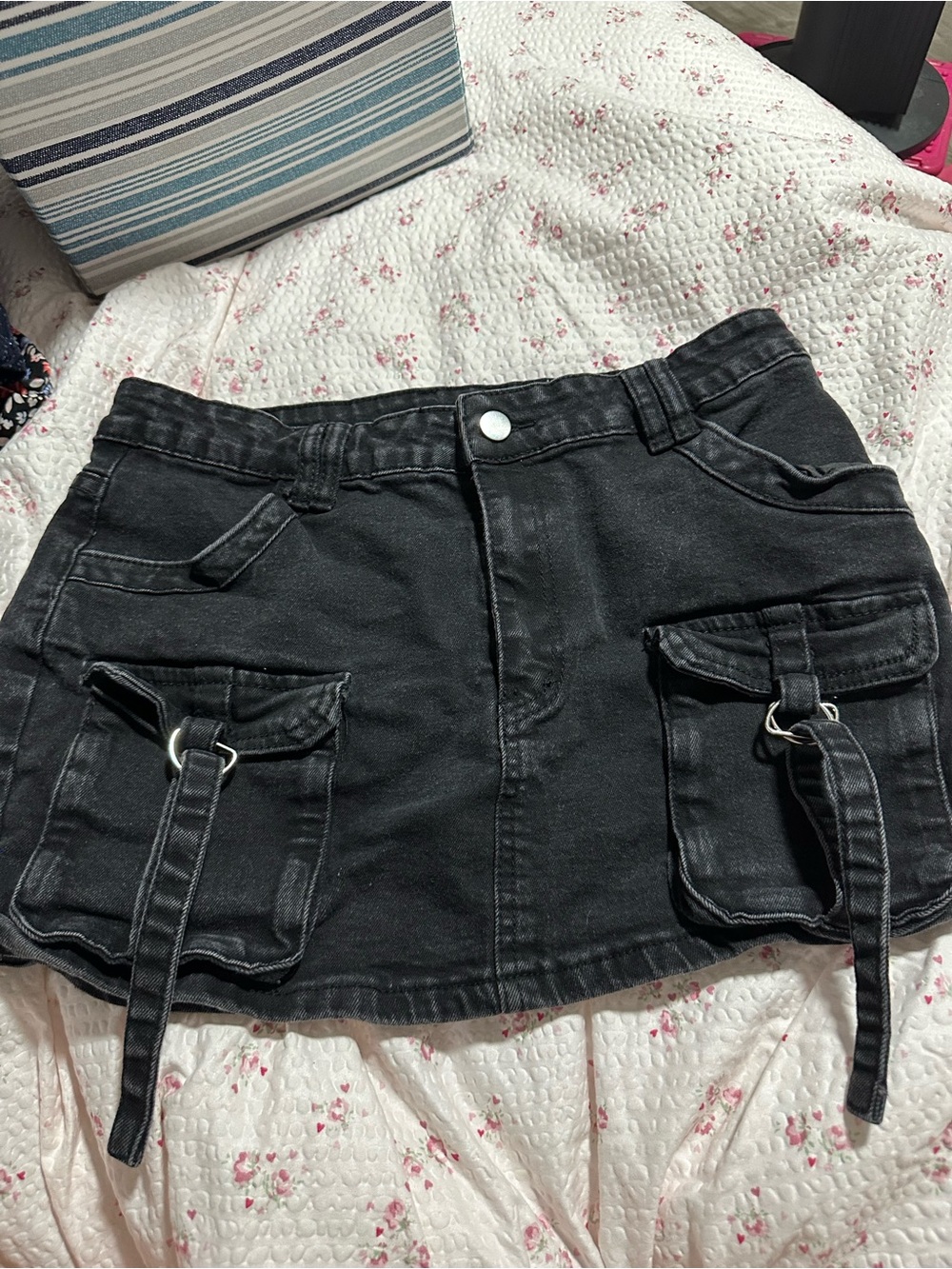 Black Cargo Mini Skirt with Strap Pockets - Women